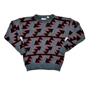 VTG 90s Le Tigre Mens Sweater Size M New Nu Wave Grunge Dad Lightning Arrows AOP